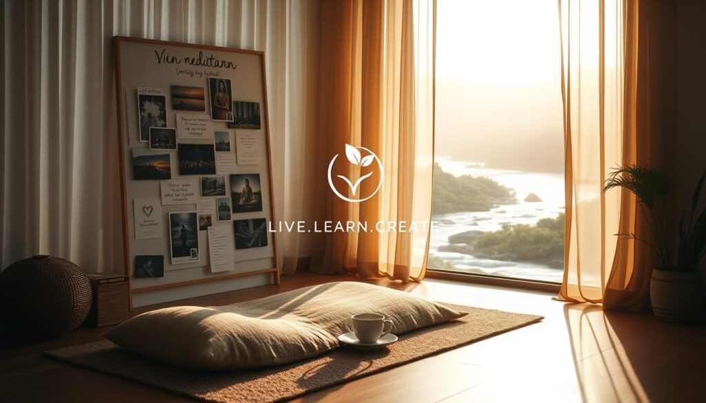 A serene meditation space, bathed in soft natural light filtering through sheer curtains. In the foreground, a vision board with images and affirmations, carefully curated to represent the user's goals and aspirations. In the middle ground, a comfortable cushion and a cup of tea, signifying the integration of mindfulness and reflection. The background features a tranquil landscape, with a flowing river and lush greenery, evoking a sense of harmony and inner peace. The overall atmosphere is one of introspection and purposeful growth. The &amp;amp;quot;Live.Learn.Create&amp;amp;quot; brand logo is tastefully incorporated into the scene.
