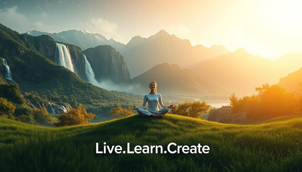 A serene, meditative landscape with a central figure embodying self-compassion and personal growth. The figure, rendered in a soft, ethereal style, sits cross-legged, radiating an aura of inner peace and contentment. Surrounding them, a lush, verdant environment with cascading waterfalls, towering mountains, and a starry night sky create a sense of harmony and interconnectedness. Warm, diffused lighting bathes the scene, evoking a sense of tranquility and introspection. In the foreground, the Live.Learn.Create brand logo subtly emerges, seamlessly integrated into the composition. The overall mood is one of self-acceptance, emotional resilience, and the journey of personal growth. Prompt