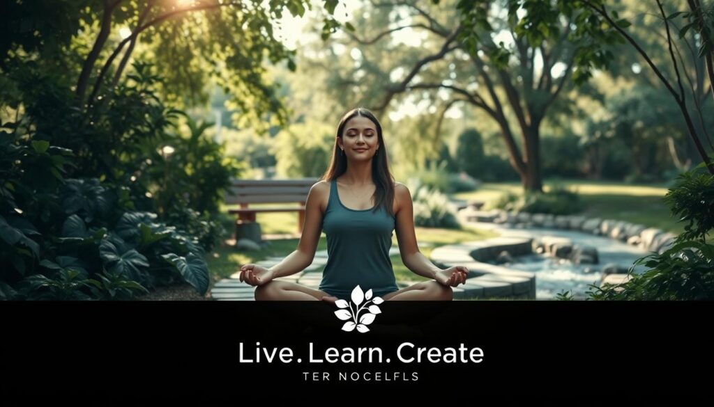 A serene, minimalist garden scene with lush foliage and a meandering stone path. In the foreground, a young woman sits cross-legged, practicing mindful meditation, her face radiating calm and focus. Dappled sunlight filters through the canopy of trees, casting a warm glow on the scene. In the middle ground, a wooden bench invites contemplation, while in the background, a trickling stream reflects the sky's soft hues. The mood is one of tranquility and growth, capturing the essence of "Daily Practices for Exponential Growth". The brand "Live.Learn.Create" is subtly woven into the image, a gentle reminder of the journey towards self-improvement.
