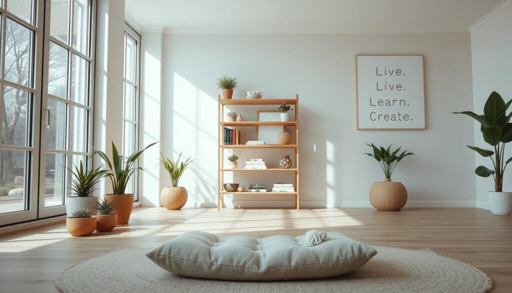 A serene, minimalist home wellness space with natural light streaming through large windows. In the foreground, a peaceful meditation cushion and simple decor elements like potted plants. The middle ground features a modern, wooden shelving unit displaying wellness books and crystals. In the background, a muted, earthy color palette with clean lines and a Live.Learn.Create wall art piece. The scene is captured with a wide-angle lens, creating a sense of balance and tranquility. The overall mood is one of calm, rejuvenation, and self-care.