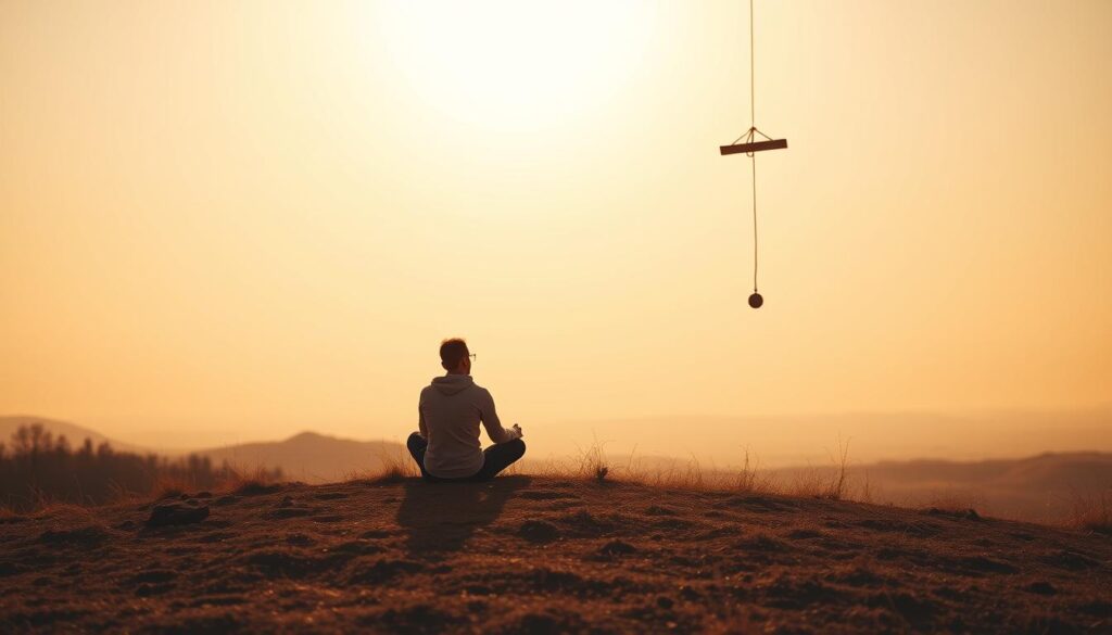 A serene, minimalist landscape, with a lone figure sitting cross-legged on a hilltop, gazing out at a vast, open sky. Warm, golden hues bathe the scene, creating a sense of tranquility and introspection. In the foreground, a simple wooden sculpture or mobile hangs, gently swaying in a light breeze, symbolizing the "Live.Learn.Create" ethos. The background features rolling hills and a distant horizon, suggesting the boundless possibilities of redefining success. The overall mood is one of contemplation, balance, and a shift away from conventional notions of achievement.