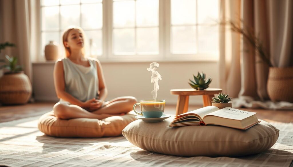 A serene, minimalist scene of daily mindful health practices. In the foreground, a person sits cross-legged on a plush meditation cushion, eyes closed, hands resting peacefully in their lap. Soft, warm lighting filters through large windows, casting a gentle glow. In the middle ground, a small wooden table holds a steaming mug of herbal tea, a book on mindfulness, and a succulent plant. The background features a tranquil indoor space with natural textures like wood and linen, creating a calming, restorative atmosphere. The image conveys a sense of balance, presence, and self-care. &quot;Live.Learn.Create&quot;