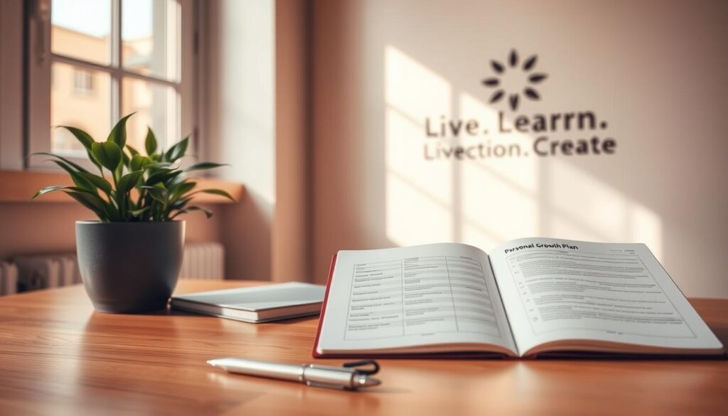 A serene, minimalist workspace with a wooden desk, a potted plant, and a notebook open to a personal growth plan. Warm, diffused lighting from a large window casts a soft glow, creating a contemplative atmosphere. In the foreground, a pen rests next to the notebook, symbolizing the act of self-reflection and planning. In the background, the &amp;amp;quot;Live.Learn.Create&amp;amp;quot; logo appears subtly on the wall, highlighting the focus on personal growth and creative expression.