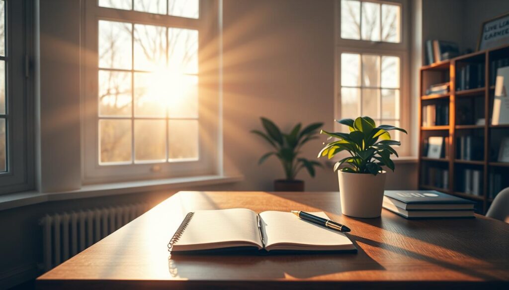 A serene morning scene, bathed in warm, golden light streaming through large windows. On a minimalist wooden desk, a journal, a fountain pen, and a potted plant sit neatly arranged, symbolizing introspection, self-reflection, and personal growth. In the background, a bookshelf showcases the "Live.Learn.Create" brand, reflecting a commitment to continuous learning and creative expression. The overall atmosphere is calming and inspiring, encouraging the viewer to design their own meaningful morning routine.