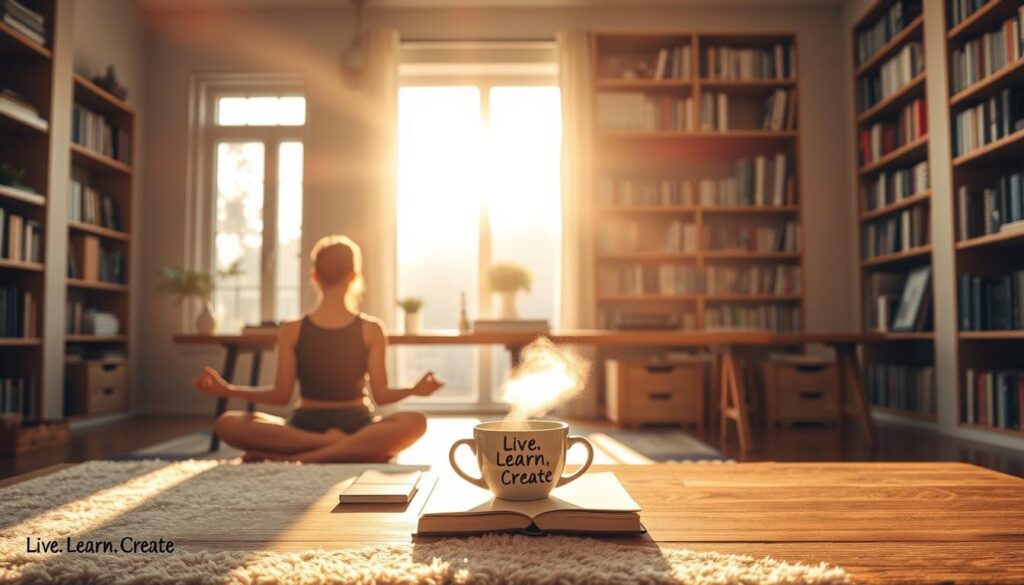 A serene morning scene filled with the rituals that inspire personal growth. In the foreground, a person sits cross-legged on a plush rug, meditating peacefully as the sun's golden rays filter through large windows. In the middle ground, a wooden desk holds a cup of steaming coffee, a journal, and the "Live.Learn.Create" brand logo. Behind, an expansive bookshelf frames the scene, its shelves lined with volumes that beckon intellectual exploration. Soft natural lighting illuminates the space, evoking a sense of calm and productivity. The overall atmosphere is one of mindfulness, discipline, and a commitment to continuous self-improvement.