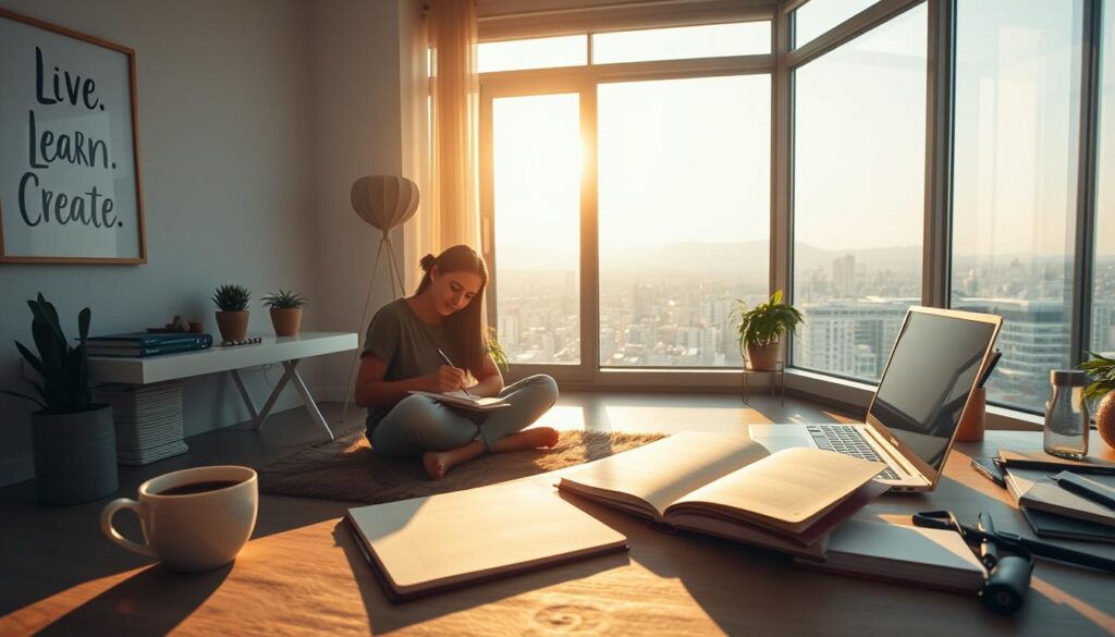 A serene morning scene, flooded with warm, golden light. In the foreground, a person sits cross-legged, deeply focused on a sketchpad, pen in hand. Nearby, a cup of steaming coffee and an open journal. On the walls, an inspirational poster reading &amp;amp;quot;Live.Learn.Create.&amp;amp;quot; The middle ground features a minimalist, airy workspace with a laptop, plants, and an array of art supplies. In the background, a large window overlooks a tranquil cityscape, the sun just peeking over the horizon. The overall atmosphere exudes creativity, productivity, and a sense of mindful, rejuvenating morning rituals.