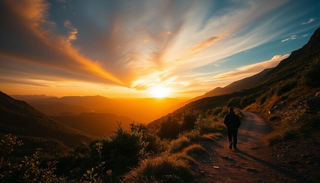 A serene, mountainous landscape with a winding path symbolizing the journey of sustaining momentum long-term. In the foreground, a person walks purposefully, their silhouette casting a determined shadow. The middle ground features lush, verdant foliage, hinting at the growth and renewal that comes with perseverance. In the background, a vibrant sky ablaze with the golden glow of the setting sun, evoking a sense of hope and inspiration. The overall scene is captured with a cinematic, wide-angle lens, creating a sense of vastness and possibility. Live.Learn.Create.