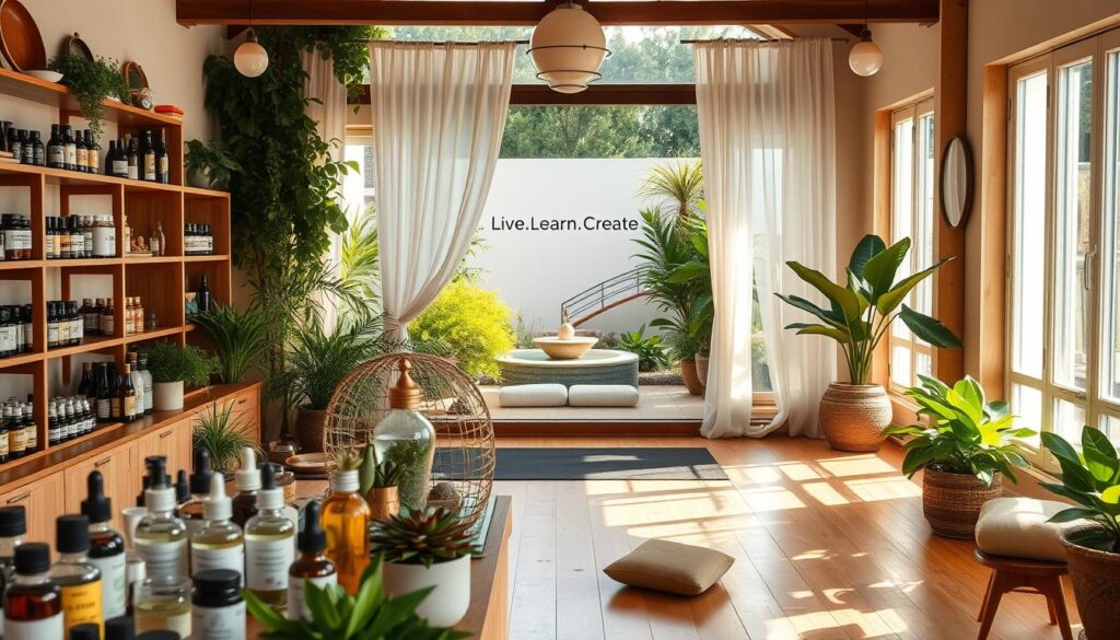 A serene oasis of wellness expertise, bathed in warm natural light. In the foreground, an assortment of holistic remedies, herbal tinctures, and mindfulness tools. In the middle, a tranquil yoga studio with Live.Learn.Create branding, its wooden floors and flowing curtains creating a sense of zen. In the background, a lush garden sanctuary, with vibrant greenery and a calming water feature. The overall atmosphere exudes a harmonious balance of ancient and modern wellness practices, inviting the viewer to embark on a transformative journey of self-care and rejuvenation.