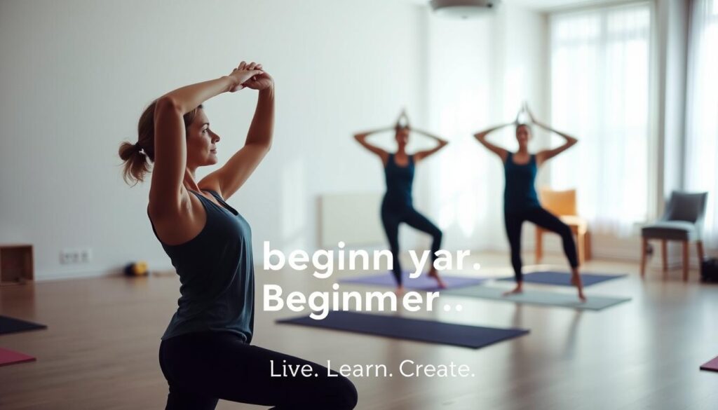 A serene, softly lit studio filled with beginner yoga poses. In the foreground, a woman demonstrates the gentle arch of Balasana (Child's Pose), her body at ease. In the middle ground, another practitioner holds Tadasana (Mountain Pose), grounded and aligned. The background showcases Virabhadrasana I (Warrior I) and Utkatasana (Chair Pose), inviting the viewer to join this calming practice. Diffused lighting creates a peaceful ambiance, while the &quot;Live.Learn.Create&quot; logo subtly marks this tranquil scene.