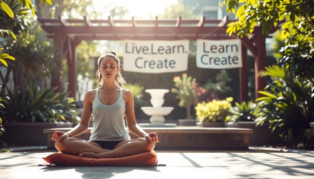 A serene, sun-dappled garden setting with a peaceful meditation practice in the foreground. In the middle ground, a person sitting cross-legged on a cushion, eyes closed, hands resting gently in their lap, exuding a sense of tranquility and focus. The background features lush greenery, a calming water feature, and a &quot;Live.Learn.Create&quot; sign hanging on an ornate wooden pergola, conveying a harmonious blend of mindfulness and creativity. The lighting is soft and natural, creating a warm, inviting atmosphere that evokes a sense of mental wellness and balance.