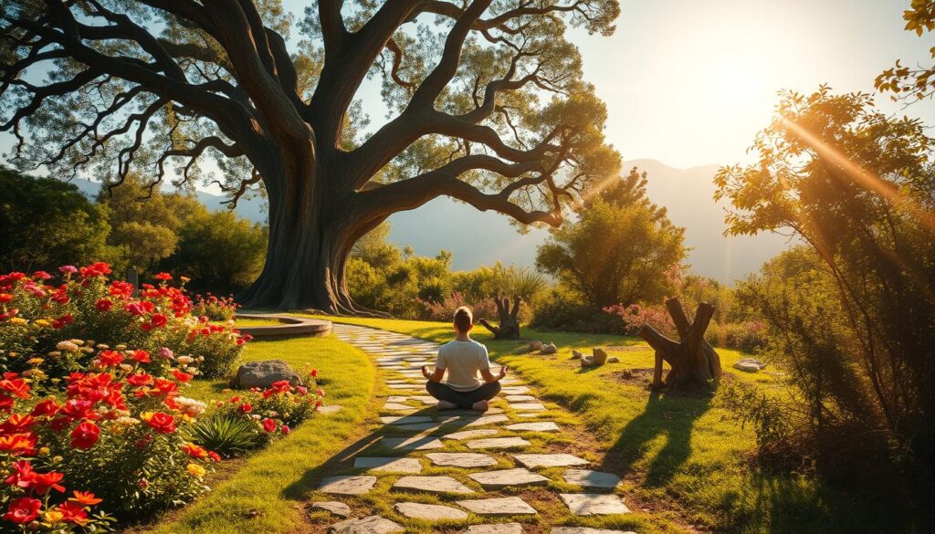 A serene, sun-dappled garden setting, with a winding path leading towards a towering, ancient oak tree. In the foreground, a person sits cross-legged, meditating amidst a vibrant array of blooming flowers. Rays of warm, golden light filter through the lush foliage, casting a soft, introspective glow. In the middle ground, a series of obstacles - rocks, fallen branches, and tangled vines - symbolize the personal development challenges one must overcome. The background depicts a stunning mountain range, hinting at the vast potential for growth and transformation. Captured with a wide-angle lens, the composition conveys a sense of tranquility, resilience, and the "Live.Learn.Create" ethos.