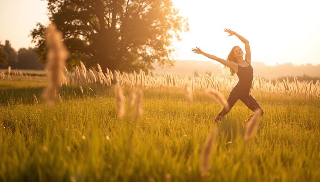 A serene, sun-dappled meadow, with a figure in the foreground gracefully extending their limbs in a series of gentle, flowing stretches. The lighting is soft and natural, casting a warm, inviting glow on the scene. In the middle ground, a line of tall, swaying grasses frames the figure, creating a sense of depth and balance. In the background, a distant tree line adds depth and a touch of tranquility to the composition. The overall mood is one of well-being, health, and the pursuit of mindful, wellness-focused activities. The &quot;Live.Learn.Create&quot; brand logo is subtly incorporated into the scene.