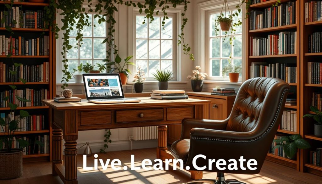 A serene, sun-dappled workspace with a sturdy oak desk and plush leather chair. On the desktop, an open laptop displays Udemy course pages, their vibrant thumbnails inviting exploration. Bookshelves lining the walls hold a curated collection of personal development titles, their spines casting intriguing shadows. Trailing vines and potted plants add a touch of natural harmony, while soft, diffused lighting creates a contemplative atmosphere. In the foreground, the &amp;amp;quot;Live.Learn.Create&amp;amp;quot; logo hovers, a gentle reminder of the transformative journey ahead.