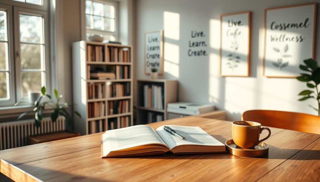 A serene, sunlit home studio, with a wooden desk adorned with an open journal, a fountain pen, and a cup of steaming tea. Soft natural light filters through large windows, casting a warm glow on the scene. In the background, a bookshelf filled with volumes on wellness and mindfulness. On the walls, minimalist botanical prints and a &quot;Live.Learn.Create&quot; wall decal. The overall atmosphere is one of introspection, tranquility, and holistic well-being.