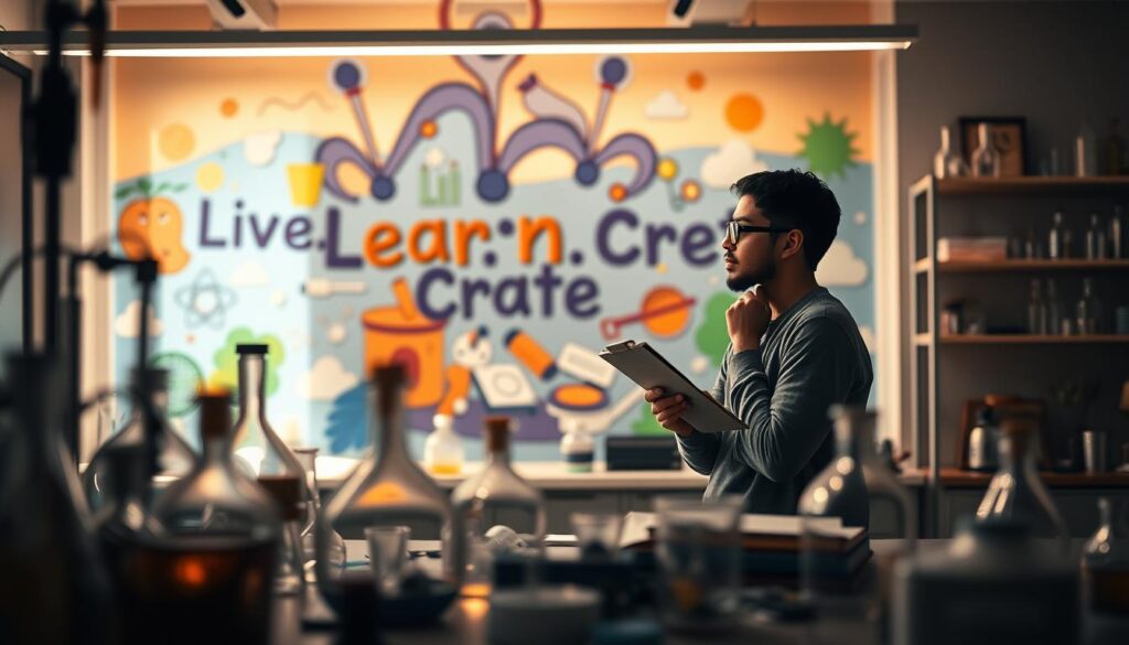 A serene, well-lit laboratory setting with scientific instruments and glassware on the foreground workbench. In the middle ground, a person deep in thought, pondering a formula or concept on a clipboard. In the background, a vibrant mural depicting the &quot;Live.Learn.Create&quot; brand and the interconnected nature of personal growth and scientific discovery. Soft, warm lighting illuminates the scene, creating a contemplative and inspirational atmosphere.