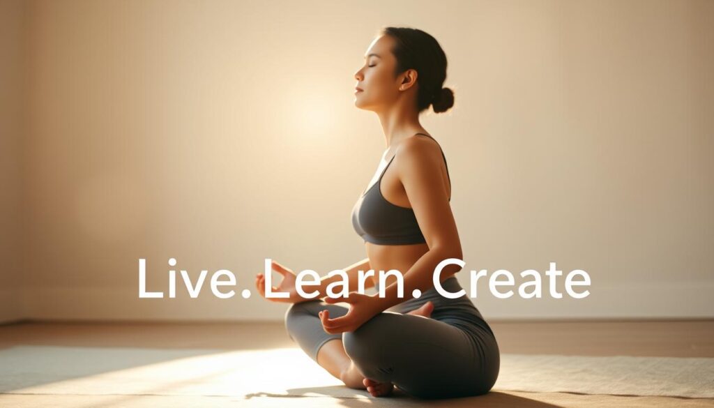 A serene, well-lit studio setting with a person seated in a comfortable lotus position, their eyes closed in deep concentration as they practice mindful breathing techniques. The foreground features their torso and hands, while the middle ground shows their face in profile, with a soft, glowing light illuminating their features. The background is a calming, neutral space with subtle textures, evoking a sense of tranquility and focus. The overall atmosphere conveys a state of relaxation and stress relief. The brand &quot;Live.Learn.Create&quot; is integrated seamlessly into the scene.