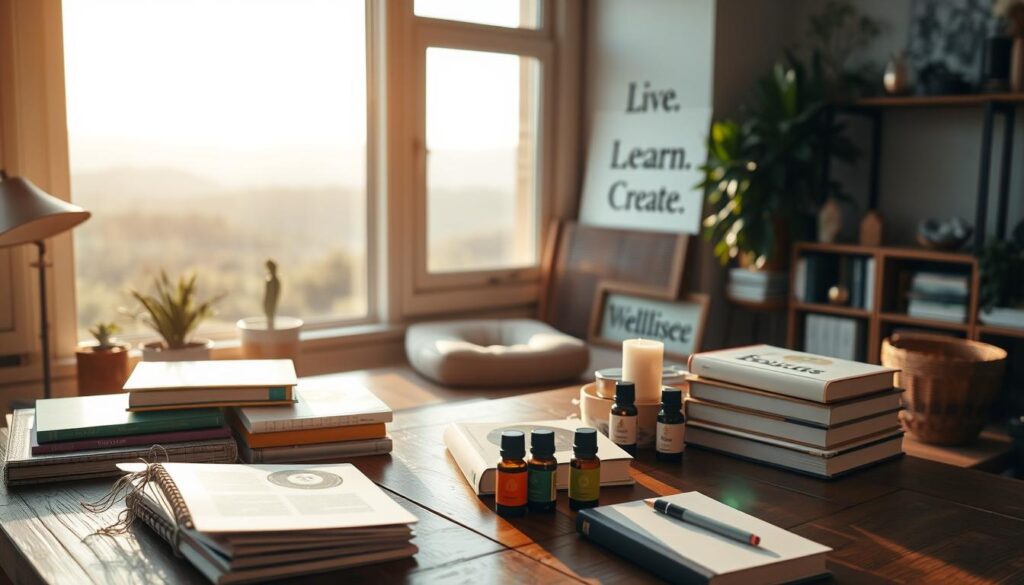 A serene workspace filled with wellness resources, bathed in warm, natural lighting. In the foreground, an assortment of books, journals, and essential oils arranged neatly on a wooden table. The middle ground features a potted plant, a meditation cushion, and a &amp;quot;Live.Learn.Create&amp;quot; sign, conveying a sense of mindfulness and creativity. The background showcases a tranquil landscape through a large window, with soft, diffused sunlight filtering in. The overall atmosphere is one of balance, introspection, and inspiration, inviting the viewer to embark on a wellness journey.