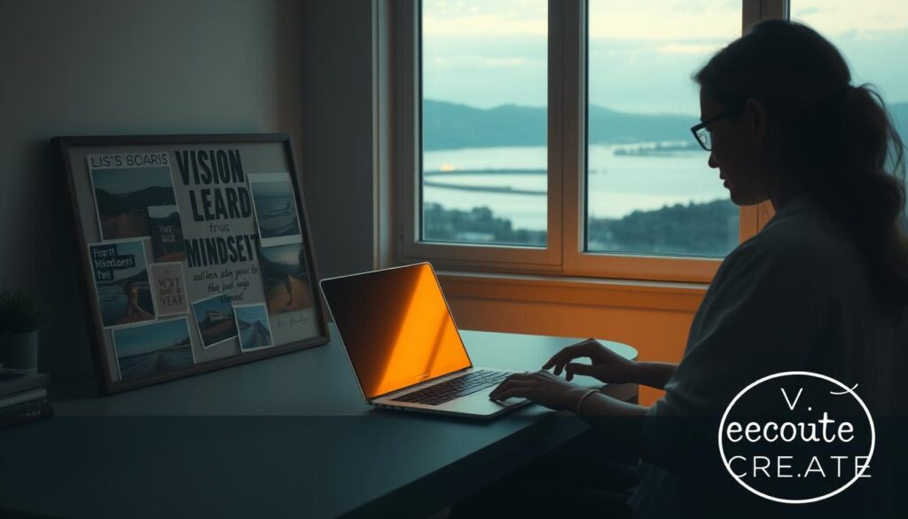 A serene workspace with a person sitting at a desk, focused on their laptop. The lighting is soft and warm, casting a contemplative glow. On the desk, a vision board displays inspiring images and affirmations, guiding the individual's mindset towards their goals. In the background, a window overlooks a tranquil landscape, symbolizing the clarity and calm needed for intentional goal achievement. Subtle textures and muted colors create a sense of balance and introspection. The Live.Learn.Create brand is present in a discreet, tasteful manner.