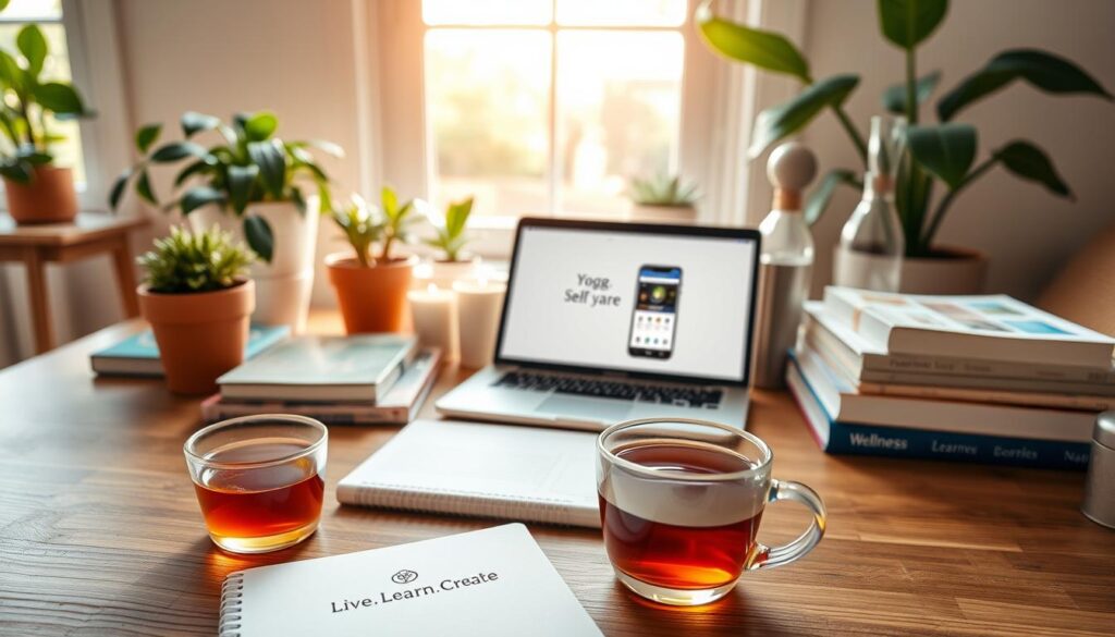 A serene workspace with a wooden desk, potted plants, and a stack of wellness-focused books. In the foreground, a cup of tea and a notebook with the &quot;Live.Learn.Create&quot; logo. The middle ground features a laptop displaying a mindfulness app, surrounded by a variety of self-care items like aromatherapy candles, a yoga mat, and a water bottle. The background showcases a sun-drenched window, with natural light filtering in, creating a warm and inviting atmosphere. The overall scene conveys a sense of balance, productivity, and a commitment to holistic well-being.