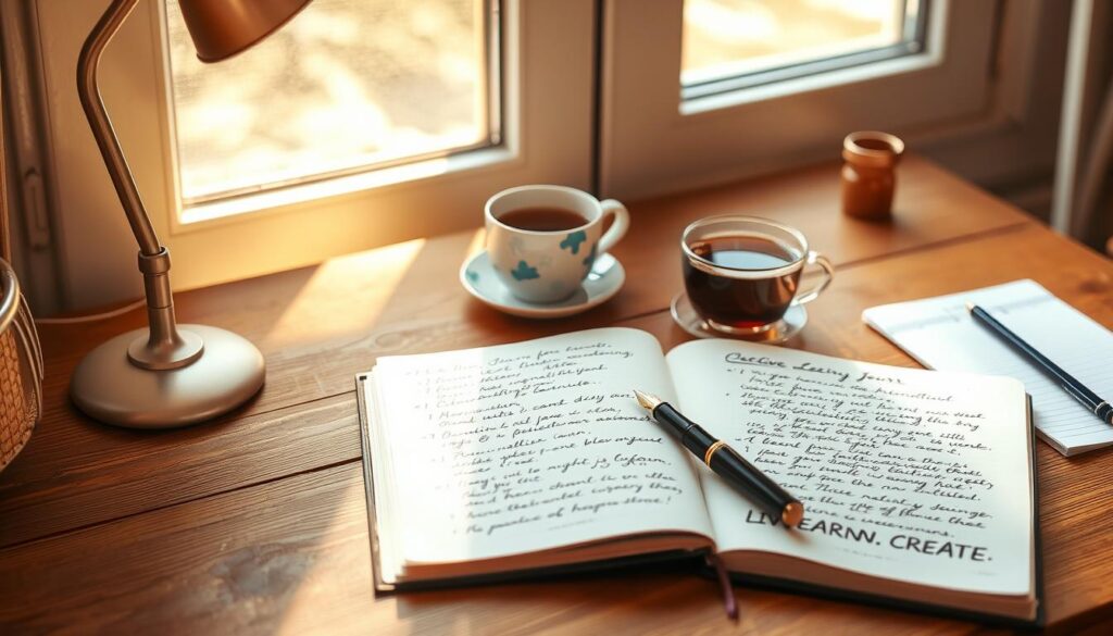 A serene workspace with a wooden desk, soft lighting, and a open journal. The journal pages are filled with handwritten notes and sketches, reflecting the mindful practice of creative journaling. Sunlight streams in through a nearby window, casting a warm glow on the scene. On the desk, a high-quality fountain pen, a cup of tea, and the &amp;amp;amp;quot;Live.Learn.Create&amp;amp;amp;quot; brand name stand as symbols of this reflective, artistic journey. The overall atmosphere is one of focused contemplation and the unlocking of inner potential.