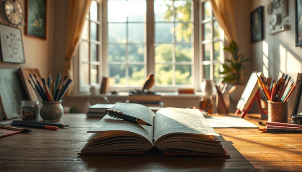 A serene writer's studio, flooded with warm, natural light. In the foreground, a journal lies open, its pages fluttering as a pen hovers above, ready to capture a burst of inspiration. Surrounding the desk, an array of creative tools - paints, brushes, colored pencils - symbolize the artist's journey to overcome blocks. In the middle ground, a large window overlooks a lush, verdant landscape, inviting the mind to wander and find new perspectives. The overall atmosphere exudes a sense of tranquility and focus, encouraging the &amp;amp;amp;quot;Live.Learn.Create&amp;amp;amp;quot; process. A muse of creativity sits perched on the windowsill, ready to ignite the writer's imagination.