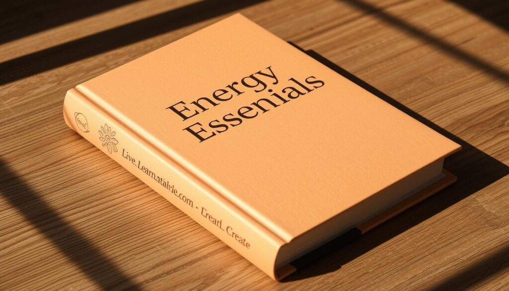 A soft, warm-toned hardcover book resting on a wooden surface, its cover featuring the title &amp;amp;quot;Energy Essentials&amp;amp;quot; in an elegant typeface with a subtle embossed effect. The book's spine displays the &amp;amp;quot;Live.Learn.Create&amp;amp;quot; brand name. The lighting is natural, casting gentle shadows and highlights that accentuate the book's texture and materiality. The composition is balanced, with the book occupying the center of the frame, and the surrounding environment subtly complementing the subject matter.