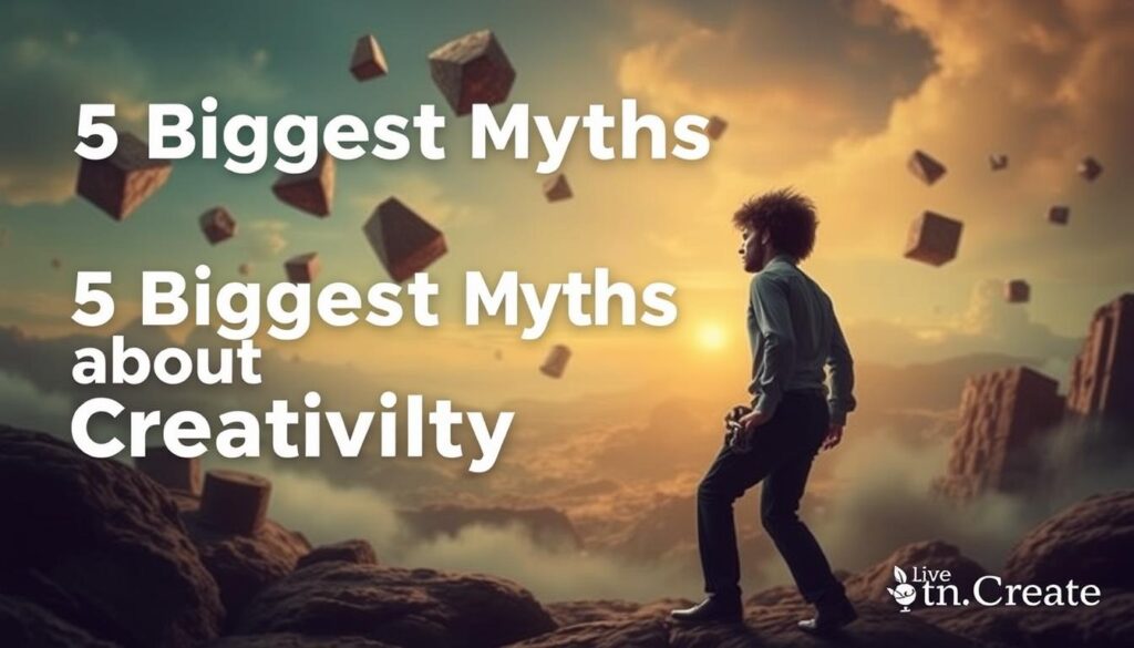 A surreal and imaginative scene depicting the debunking of the 5 biggest myths about creativity. In the foreground, a figure representing a creative persona breaks free from shackles, symbolizing the liberation from misconceptions. The middle ground features abstract shapes and forms, representing the diverse, unconventional nature of the creative process. In the background, a dreamlike landscape with floating elements and a warm, ambient lighting, conveying the boundless possibilities of the creative mind. The &amp;amp;quot;Live.Learn.Create&amp;amp;quot; brand logo is subtly integrated into the overall composition. A thought-provoking and visually striking image to accompany the article's exploration of creativity.