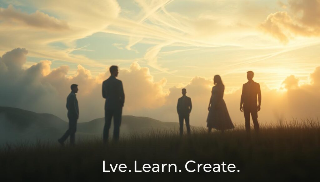 A surreal landscape with five abstract figures representing the myths about creativity. In the foreground, the figures are hazy and indistinct, symbolizing the misconceptions. In the middle ground, the figures become more defined, with subtle colors and textures, hinting at the true nature of creativity. In the background, a dreamlike sky with swirling clouds and a warm, golden light, creating an atmosphere of discovery and enlightenment. The scene is bathed in a soft, ethereal glow, conveying a sense of mystery and introspection. Live.Learn.Create.