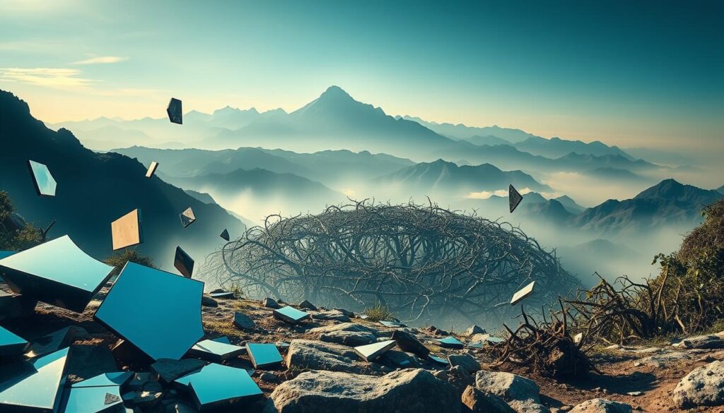 A surreal landscape with floating fragments representing common myths about personal growth. In the foreground, shattered mirrors symbolize the illusion of &amp;amp;quot;quick fixes&amp;amp;quot;. In the middle ground, a tangled maze of thorns and vines depicts the myth of &amp;amp;quot;linear progress&amp;amp;quot;. In the hazy background, a towering mountain range looms, shrouded in mist, representing the truth that self-growth is a lifelong, winding journey. Dramatic lighting casts dramatic shadows, emphasizing the contrasts. Rendered in a distinctive, stylized art style. Live.Learn.Create.