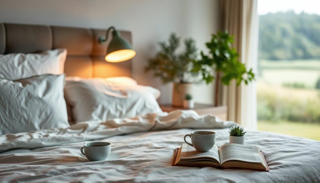 A tranquil bedroom setting with a cozy, well-lit bed, soft sheets, and fluffy pillows. A bedside table displays a cup of herbal tea, a book, and a small plant. Soft, ambient lighting from a reading lamp creates a warm, restful atmosphere. In the background, a large window overlooks a peaceful, nature-inspired landscape. The overall scene conveys a sense of restorative relaxation and rejuvenation. Live.Learn.Create.