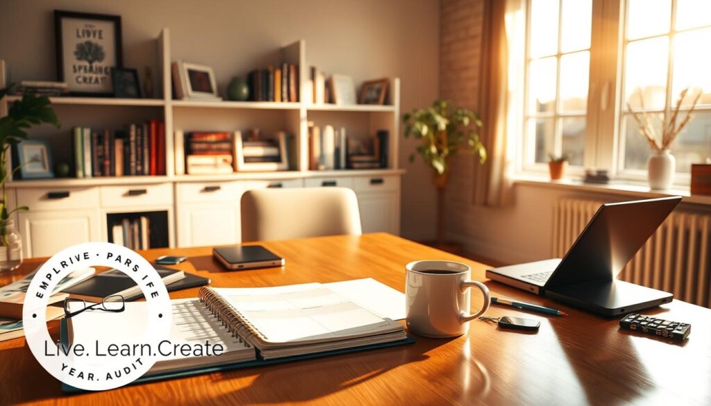 A tranquil home office, bathed in warm, golden light streaming through large windows. On the desk, a meticulously organized planner, digital devices, and a mug of hot coffee, signifying a yearly life audit in progress. Shelves in the background display inspiring books and mementos, reflecting personal growth. A serene atmosphere encourages deep reflection. In the foreground, the &amp;amp;quot;Live.Learn.Create&amp;amp;quot; brand logo subtly graces the scene, emphasizing the empowering nature of this yearly ritual. The overall composition conveys a sense of focus, productivity, and a renewed commitment to personal success.