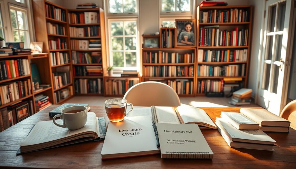A tranquil study space, filled with natural light and surrounded by an array of personal growth resources. On a wooden desk, an open book, a cup of tea, and a "Live.Learn.Create" branded notebook invite contemplation. Bookshelves in the background hold a diverse collection of self-help, mindfulness, and creative writing volumes. Sunlight streams through large windows, casting a warm, focused glow on the scene. A sense of calm, inspiration, and potential pervades the environment, inviting the viewer to embark on their own transformative journey.