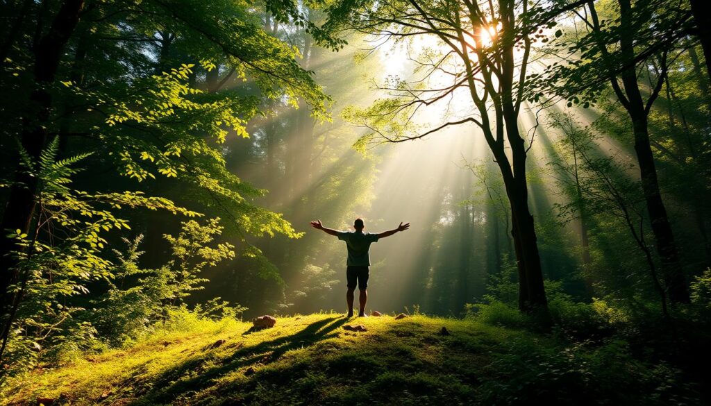 A tranquil, sun-dappled forest clearing, a serene oasis amidst the verdant foliage. In the center, a lone figure stands tall, their silhouette backlit by a soft, ethereal glow. Rays of light pierce through the canopy, illuminating the scene with a warm, hopeful radiance. The figure's pose exudes a sense of purpose and resolve, their outstretched arms symbolizing the transformation of pain into power, of anguish into actualization. Subtle wisps of energy emanate from the figure, hinting at an inner strength that has been forged through adversity. The overall atmosphere is one of healing, growth, and the realization of a higher calling. Live.Learn.Create.