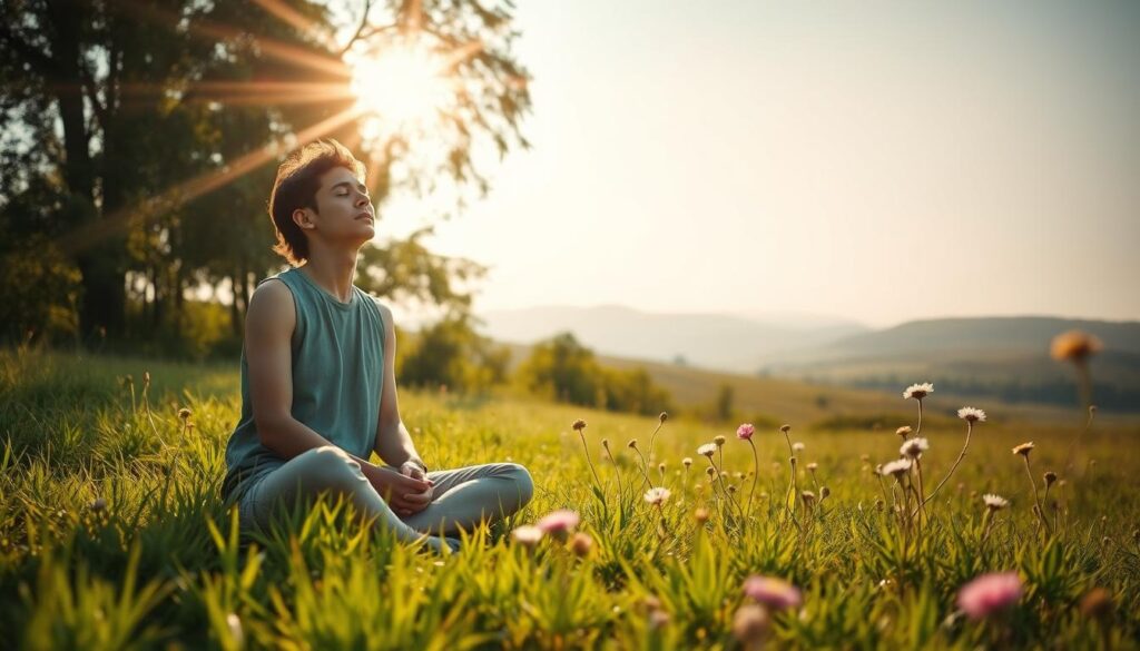 A tranquil, sun-drenched meadow. In the foreground, a person sits cross-legged, eyes closed, deeply engaged in a moment of reflective self-compassion. Beams of warm light filter through the rustling trees, casting a gentle glow on their serene expression. In the middle ground, lush wildflowers sway in a light breeze, symbolizing the blossoming of self-acceptance. The background features a distant, rolling hill landscape, evoking a sense of expansiveness and possibility. The overall scene conveys a mood of inner peace, self-acceptance, and the capacity to overcome barriers to self-compassion. &quot;Live.Learn.Create&quot;