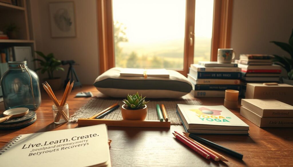 A tranquil workspace filled with an array of tools and objects symbolizing personal growth and burnout recovery. In the foreground, a wooden desk holds a Live.Learn.Create journal, a set of colored pencils, and a succulent plant. The middle ground features a meditation cushion, a stack of self-help books, and a set of yoga blocks. The background depicts a serene, sun-dappled landscape visible through a large window, evoking a sense of calm and rejuvenation. Warm, natural lighting filters through the space, creating a cozy and introspective atmosphere. Captured with a wide-angle lens to showcase the harmonious arrangement of these thoughtfully curated items.