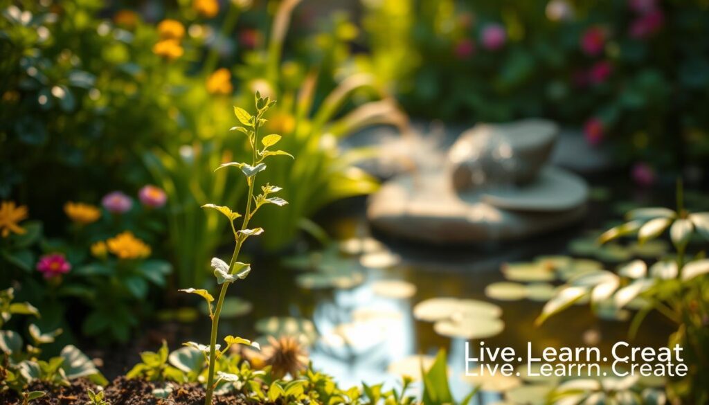 A vibrant and verdant garden, lush with thriving plants and blooming flowers, serves as the backdrop. In the foreground, a young sapling grows steadily, its delicate leaves unfurling towards the sun. The middle ground is occupied by a serene pond, its surface reflecting the surrounding foliage in a mesmerizing display. Warm, golden lighting bathes the scene, conveying a sense of growth, optimism, and potential. In the bottom right corner, the &quot;Live.Learn.Create&quot; brand name is subtly integrated into the composition. This image embodies the essence of a growth mindset, inspiring the viewer to nurture their personal transformation and embrace the journey of self-discovery.