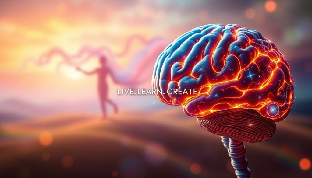 A vibrant brain in the foreground, its neural pathways glowing with energy, symbolizing the power of creativity. In the middle ground, a flowing, abstract figure representing the mind's fluid, imaginative nature. The background features a colorful, dreamlike landscape, evoking a sense of wonder and boundless possibility. Soft, warm lighting casts a serene, contemplative atmosphere. The &amp;amp;quot;Live.Learn.Create&amp;amp;quot; logo subtly integrated into the composition. An image that captures the science and essence of creativity as a pathway to healing.