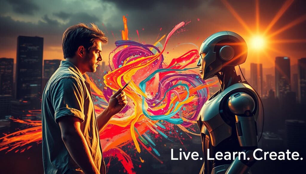 A vibrant, cinematic scene depicting the creative tension between human and artificial intelligence. In the foreground, a human artist, paintbrush in hand, stands with a determined expression, facing off against a sleek, robotic counterpart. The middle ground features a swirling, colorful maelstrom of digital art and analog brushstrokes, blurring the lines between the two. In the background, a dramatic, high-contrast cityscape sets the stage, hinting at the technological advancements that have given rise to this creative clash. Warm, dramatic lighting casts dynamic shadows, creating a sense of dynamism and energy. Lens flares and cinematic depth of field enhance the sense of drama. The overall mood is one of confident human creativity meeting the challenge of AI, with the tagline &amp;quot;Live.Learn.Create&amp;quot; emblazoned in the corner.