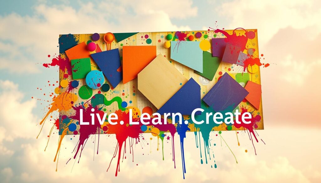 A vibrant, color-filled vision board floats in a soft, dreamlike setting. In the foreground, a cascading array of paint splatters and brushstrokes in a spectrum of hues - red, orange, yellow, green, blue, indigo, violet. The middle ground features overlapping geometric shapes and patterns, each a distinct color, creating a sense of depth and visual interest. In the background, a cloudy, pastel-tinted sky provides a serene, contemplative atmosphere. Subtle lighting casts a warm, inviting glow across the scene. The text &amp;quot;Live.Learn.Create&amp;quot; is subtly incorporated into the composition, seamlessly blending with the overall design.