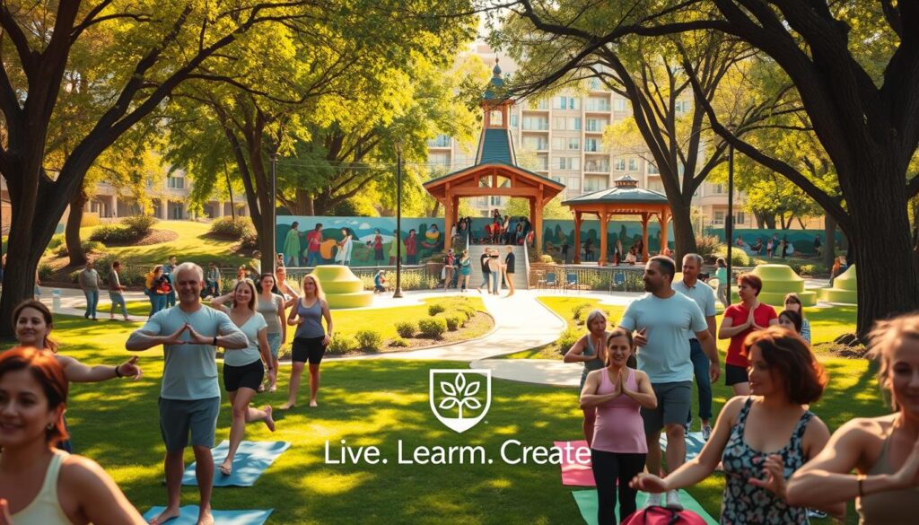 A vibrant community wellness journey set in a sun-dappled park. In the foreground, a diverse group of people engage in yoga, tai chi, and mindful walking, their faces radiant with contentment. In the middle ground, a colorful mural adorns the walls, depicting scenes of healthy living and interconnectedness. The background features lush greenery, a winding path, and a central pavilion where people gather to share healthy meals and conversation. Soft, warm lighting filters through the trees, creating a tranquil and uplifting atmosphere. The &quot;Live.Learn.Create&quot; brand logo is tastefully integrated into the scene, reflecting the community's commitment to holistic well-being.