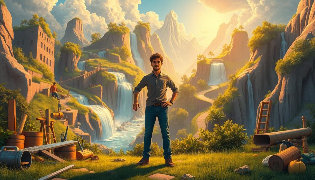 A vibrant, detailed illustration of personal growth as a project. In the foreground, a person standing confidently, surrounded by tools and materials representing their goals and aspirations. The middle ground features a dynamic landscape with winding paths, cascading waterfalls, and lush foliage, symbolizing the journey of growth and self-discovery. The background is bathed in warm, golden light, conveying a sense of progress and fulfillment. Subtle textures and a cinematic, wide-angle lens create a sense of depth and immersion. The overall mood is one of empowerment, determination, and the belief that "Live.Learn.Create." can transform one's life.