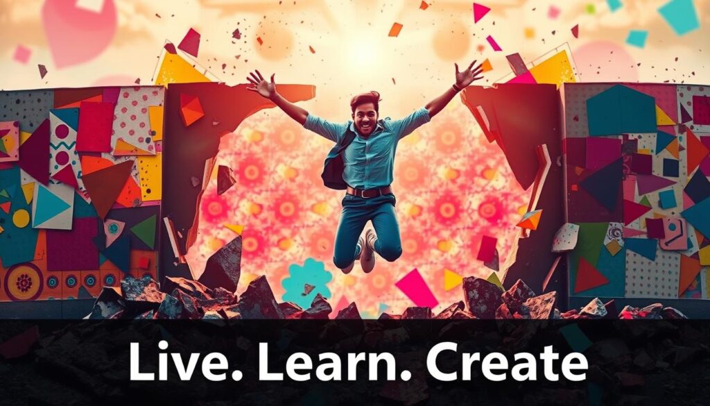 A vibrant, dynamic scene of a person bursting through a colorful, shattered barrier, symbolizing the breaking of creative limitations. The foreground depicts the figure, mid-leap, arms outstretched, expression determined, emerging from the fragmented remains of the barrier. The middle ground features a kaleidoscope of abstract shapes and patterns, hinting at the boundless possibilities of the creative mind. The background is bathed in a warm, ethereal light, evoking a sense of enlightenment and inspiration. Crisp, high-resolution photography, with dramatic lighting and a wide-angle lens to capture the sweeping, cinematic scope. The overall mood is one of empowerment, optimism, and the exhilaration of unlocking one's full creative potential. &amp;quot;Live.Learn.Create&amp;quot; is prominently displayed.