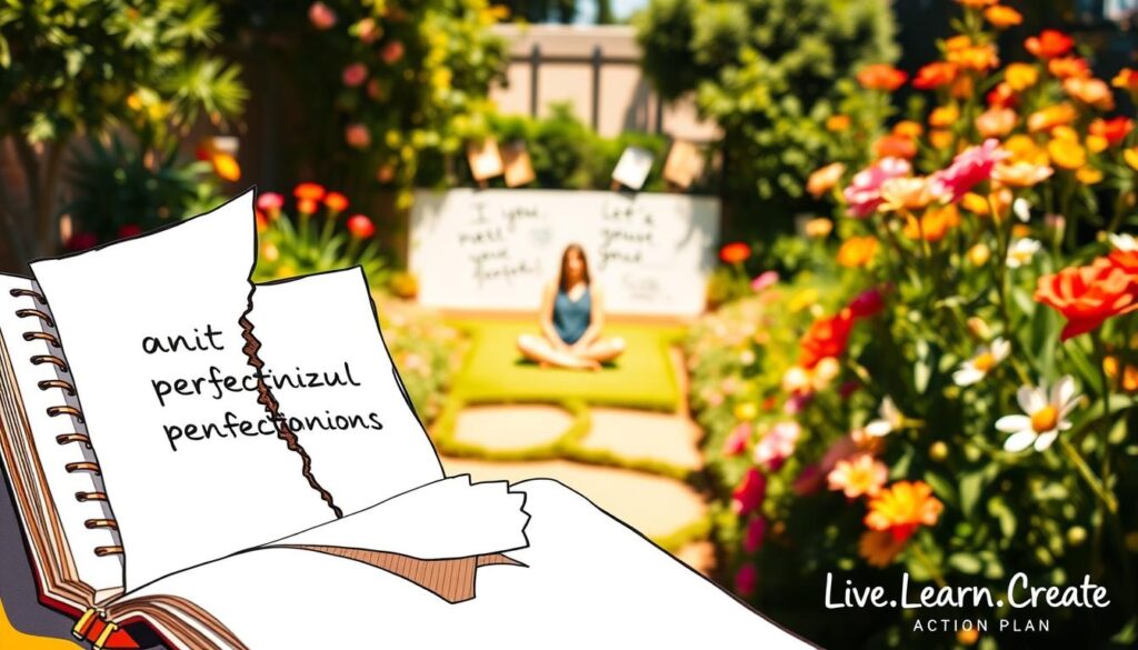 A vibrant, hand-drawn style image of an "anti-perfectionism action plan". In the foreground, a sketchbook with pages being torn out, symbolizing letting go of unrealistic expectations. In the middle ground, a person sitting cross-legged, surrounded by encouraging notes and affirmations. In the background, a flourishing garden with blooming flowers, representing personal growth. The lighting is warm and natural, evoking a sense of calm and positivity. The composition is balanced and visually engaging. At the bottom right corner, the "Live.Learn.Create" brand name is tastefully incorporated.