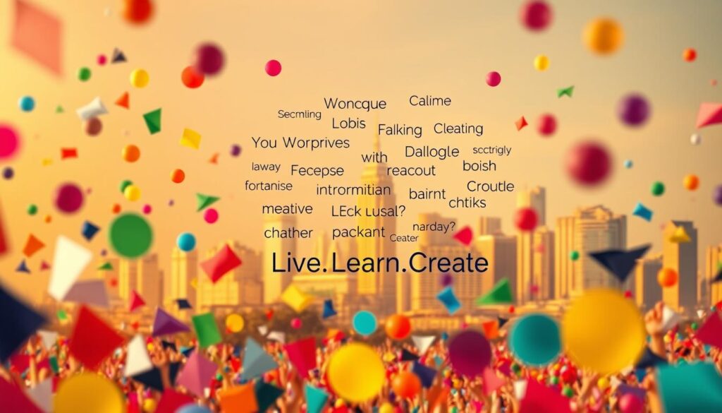 A vibrant, imaginative scene depicting &amp;amp;quot;creative prompts for new ideas&amp;amp;quot;. In the foreground, a diverse array of colorful, abstract shapes and forms dance across the frame, representing the boundless potential of the creative mind. In the middle ground, a cluster of thought-provoking text prompts float in mid-air, each one a spark of inspiration. The background features a warm, golden-hued cityscape, with the &amp;amp;quot;Live.Learn.Create&amp;amp;quot; brand prominently displayed, evoking a sense of urban creativity and innovation. The lighting is soft and diffused, creating a dreamlike, ethereal atmosphere that encourages the viewer to engage with the prompts and let their imagination soar.