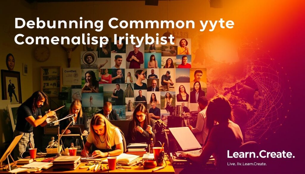 A vibrant, layered composition depicting the &amp;amp;quot;Debunking Common Myths About Creativity&amp;amp;quot;. In the foreground, a diverse group of creative individuals, each representing a different art form, working with focused intensity. In the middle ground, a collage of images symbolizing common myths about creativity - the lone genius, the muse-driven artist, the need for constant inspiration. In the background, a dynamic, colorful world, hinting at the boundless potential of the creative mind. Warm, directional lighting illuminates the scene, casting dramatic shadows. The overall atmosphere conveys a sense of clarity, energy, and the empowering realization that creativity is a skill to be cultivated, not a mythical gift. Subtle branding &amp;amp;quot;Live.Learn.Create.&amp;amp;quot; appears in the corner.