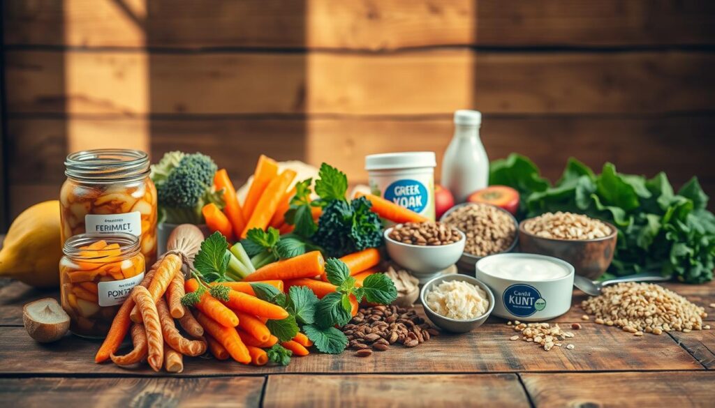 A vibrant still life depicting an assortment of gut-friendly foods on a rustic wooden table. In the foreground, a selection of fermented vegetables such as sauerkraut, kimchi, and pickled carrots, arranged neatly. In the middle ground, a variety of probiotic-rich foods including Greek yogurt, kefir, and miso paste. The background features a scattering of whole grains, nuts, and leafy greens. Warm, natural lighting casts a soft glow over the scene, creating a cozy, inviting atmosphere. The overall composition evokes a sense of nourishment and wellness. Branding: &quot;Live.Learn.Create&quot;