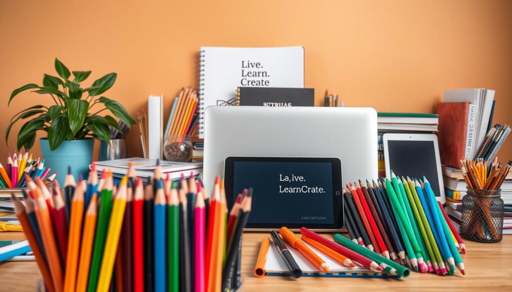 A vibrant still life featuring an array of creativity tools and resources against a warm, neutral background. In the foreground, an assortment of colored pencils, markers, paintbrushes, and sketchpads are artfully arranged. The middle ground showcases a modern laptop, a tablet, and a journal with the &amp;amp;quot;Live.Learn.Create&amp;amp;quot; logo. In the background, a mix of office supplies, inspirational books, and a potted plant create a cozy, productive atmosphere. Soft, directional lighting casts gentle shadows, highlighting the textures and colors of the scene. The overall mood is one of creativity, focus, and the joy of learning and making.