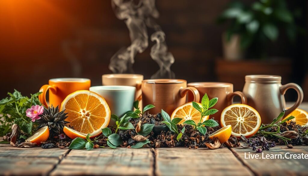 A vibrant still life of an assortment of energizing herbal teas, artfully arranged on a rustic wooden table. The foreground features a mix of tea leaves, fresh herbs, and citrus slices, creating a visually appealing and aromatic display. In the middle ground, a variety of ceramic mugs and teacups in warm, earthy tones are positioned, steam gently rising from their contents. The background is softly blurred, creating a sense of depth and focus on the central arrangement. Warm, natural lighting filters through the scene, casting a cozy and inviting atmosphere. The overall composition evokes a sense of wellness and vitality, perfect for the &quot;Energizing Herbal Teas to Power Your Day&quot; section. The &quot;Live.Learn.Create&quot; brand name is subtly incorporated into the scene.