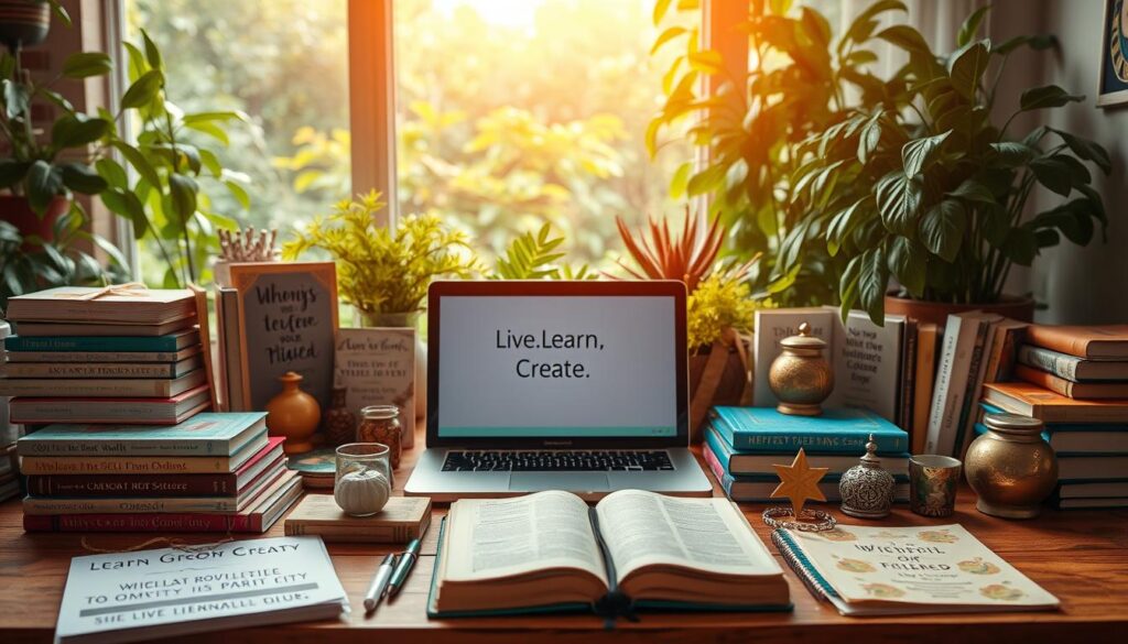A vibrant tableau of personal growth resources, bathed in warm, soft lighting. In the foreground, an array of self-help books, journals, and inspirational trinkets, arranged neatly on a wooden table. In the middle ground, a laptop displaying the &quot;Live.Learn.Create&quot; brand, surrounded by motivational quotes and affirmations. In the background, lush, verdant foliage and a serene, airy atmosphere, conveying a sense of tranquility and introspection. The overall composition evokes a cozy, nurturing environment conducive to self-discovery and inner transformation.