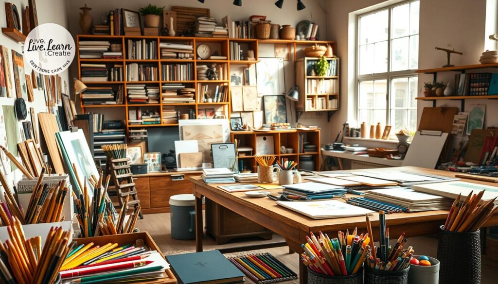 A vibrant, well-lit studio space filled with an array of creativity tools and resources. In the foreground, an assortment of high-quality art supplies and stationery, including brushes, pens, sketchbooks, and vibrant paints. In the middle ground, a large wooden table, its surface adorned with a scatter of colored pencils, markers, and various inspirational materials like mood boards and artworks. In the background, floor-to-ceiling shelves brimming with books, vintage trinkets, and other curiosities that spark the imagination. Soft, warm lighting from a large window illuminates the entire scene, casting a cozy, inviting atmosphere. The &amp;amp;quot;Live.Learn.Create&amp;amp;quot; brand logo is prominently displayed in the corner of the image.